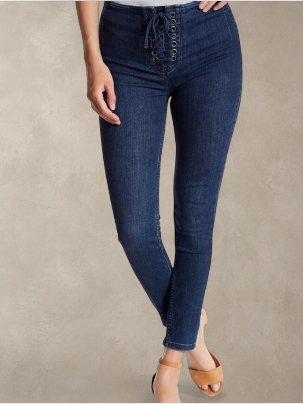 Free People dark wash high lace front skinny leg jeans